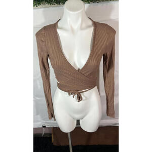 la hearts by PacSun Brown Ribbed Wrap Long Sleeve Crop Top Size S